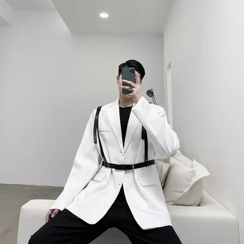 Iki 2023 m. Rudenį korėjos stiliaus Asmeninį diržo formos dizainas tiktų vyrams, atsitiktinis palaidų vientisa spalva baltas kostiumas vyrams M-XL