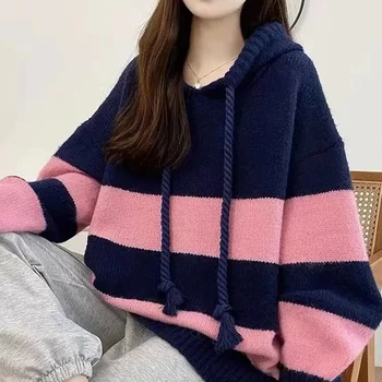 Korėjos versija prarasti dryžuotas tingus vėjas gobtuvu megztinis moterų 2023 m. rudens ir žiemos naujų užsienio stiliaus amžiaus-sumažinti Hong Kong