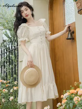 Prancūzų Stiliaus Vasarą Moterys Princesė Dress Aikštėje Apykaklės Mygtukai Abrikosų Midi Pasakų Suknelė Sluoksniuotos Rankovėmis Elegantiškas Ruffles Elegantiškos Suknelės